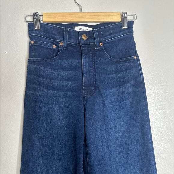 Madewell Flared Wide-Leg Jeans Dark Blue Raw Hem High Rise Stretch Denim 24 - Picture 3 of 9